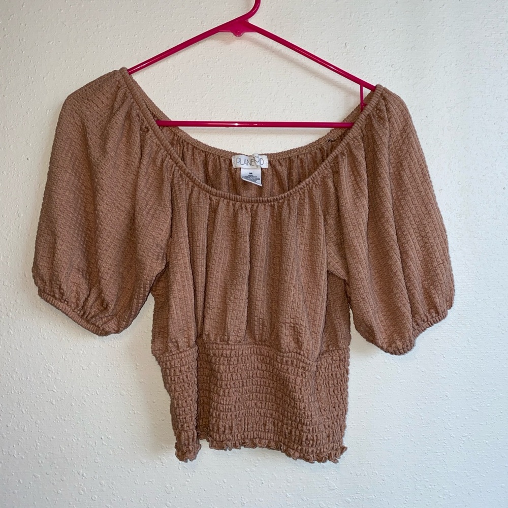 Off Shoulder Waffle Knit Crop Top Beige Size Medium